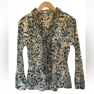 TanJay Blouse Size 6 Beige Black Cheetah Print Ruffle Blouse Excellent Condition